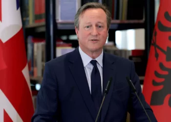 British Foreign Secretary David Cameron at a joint press conference with the Albanian prime minister after a meeting in Tirana, on May 22, 2024. (Adnan Beci/AFP)