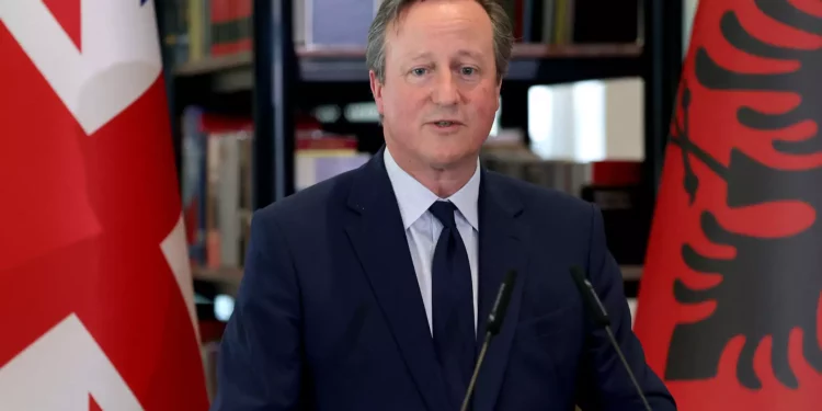 British Foreign Secretary David Cameron at a joint press conference with the Albanian prime minister after a meeting in Tirana, on May 22, 2024. (Adnan Beci/AFP)