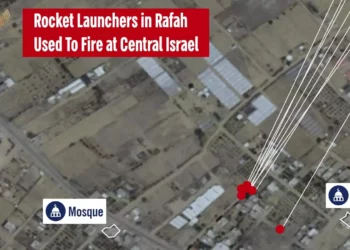 A map published by the FDI shows the location of a rocket launcher used by Hamás in Rafah to fire at central Israel on May 26, 2024. (Israel Defense Forces)