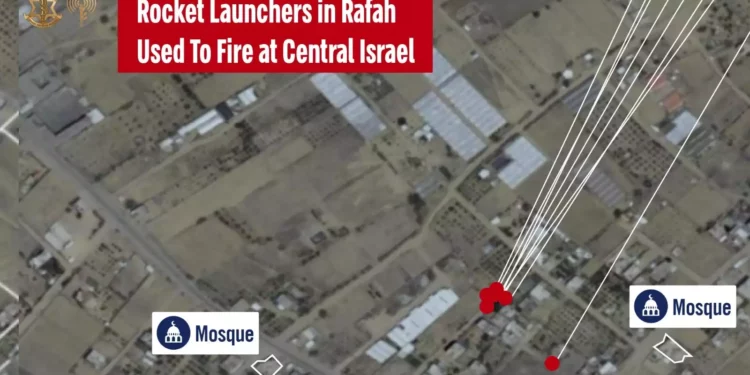 A map published by the FDI shows the location of a rocket launcher used by Hamás in Rafah to fire at central Israel on May 26, 2024. (Israel Defense Forces)