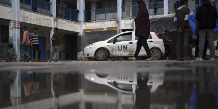 Palestinos desplazados se refugian en una escuela administrada por la Agencia de Obras Públicas y Socorro de las Naciones Unidas para los Refugiados de Palestina (UNRWA), en Rafah, en el sur de la Franja de Gaza, el 3 de marzo de 2024 (AFP)