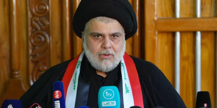 Iraqi cleric Moqtada Sadr gives a press conference at his home in the holy city of Najaf on July 20, 2023. (Qassem al-Kaabi/AFP)