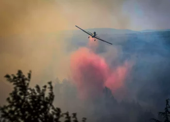 Bomberos israelíes intentan extinguir un incendio forestal que comenzó a partir de fragmentos de un misil de intercepción en el bosque de Biriya, en el norte de Israel, el 4 de junio de 2024. (David Cohen/Flash90)