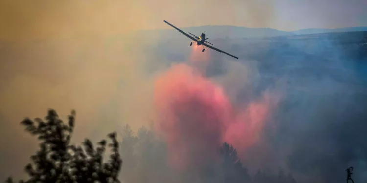 Bomberos israelíes intentan extinguir un incendio forestal que comenzó a partir de fragmentos de un misil de intercepción en el bosque de Biriya, en el norte de Israel, el 4 de junio de 2024. (David Cohen/Flash90)