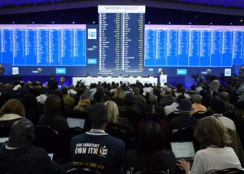 The latest election results are displayed at the Results Operation Centre (ROC) in Midrand, Johannesburg, South Africa, May 31, 2024. (AP Photo/Themba Hadebe)