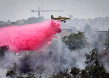 Bomberos israelíes intentan extinguir un incendio que estalló en el Valle de la Cruz cerca del Museo de Israel en Jerusalén, el 2 de junio de 2024 (Yonatan Sindel/Flash90)