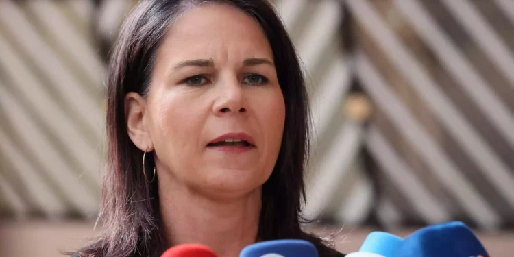 German Foreign Minister Annalena Baerbock delivers a statement to the media prior to the start of a European Foreign Affairs Council meeting in Brussels on May 27, 2024. (François Walschaerts/AFP)