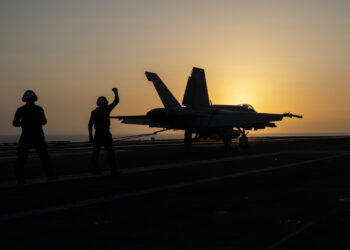 A fighter jet lands on the USS Dwight D. Eisenhower, also known as “IKE”, in the Red Sea on Tuesday, June 11, 2024. (AP Photo/Bernat Armangue)