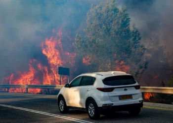 Un incendio forestal provocado por cohetes lanzados desde el Líbano, cerca de Meron, en el norte de Israel, el 23 de agosto de 2024. (David Cohen/Flash90)