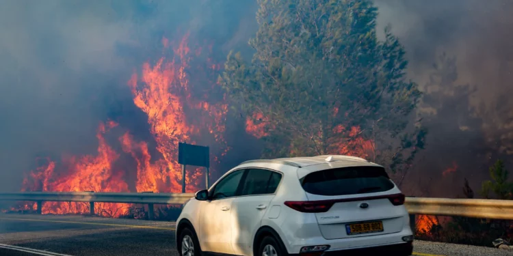 Un incendio forestal provocado por cohetes lanzados desde el Líbano, cerca de Meron, en el norte de Israel, el 23 de agosto de 2024. (David Cohen/Flash90)