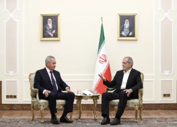 El presidente iraní, Masoud Pezeshkian (d), se reúne con el secretario del Consejo de Seguridad de Rusia, Sergei Shoigu, en Teherán, el 5 de agosto de 2024 (Oficina Presidencial de Irán / AFP)