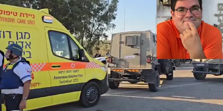 Médicos y tropas de las Fuerzas de Defensa de Israel en el lugar de un ataque en el parque industrial de Bar-On, en Judea y Samaria, durante el cual un guardia de seguridad civil fue golpeado en la cabeza con un martillo por un terrorista palestino, el 18 de agosto de 2024. En el recuadro: Gideon Peri, quien murió en el ataque. (Magen David Adom; cortesía)