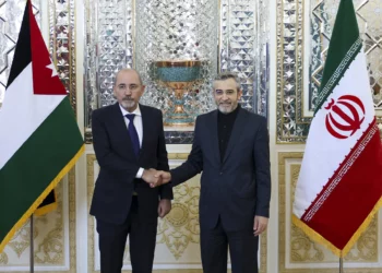 El ministro de Asuntos Exteriores en funciones de Irán, Ali Bagheri (izq.), recibe a su homólogo jordano, Ayman Safadi, antes de su reunión en Teherán el 4 de agosto de 2024. (AFP)