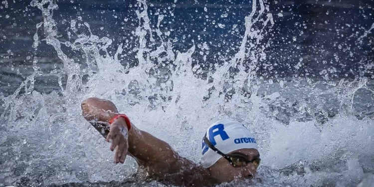 El nadador israelí Matan Roditi nada en el río Sena durante la carrera de maratón masculina de 10 km en aguas abiertas en los Juegos Olímpicos de París 2024 el 9 de agosto de 2024. (Comité Olímpico de Israel)