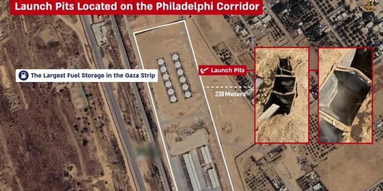 Esta infografía publicada por las Fuerzas de Defensa de Israel el 8 de agosto de 2024 muestra la ubicación de los lanzacohetes encontrados cerca de una instalación de combustible en el sur de la Franja de Gaza. (Fuerzas de Defensa de Israel)