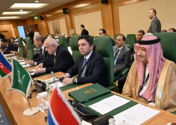 (De derecha a izquierda) Los viceministros de Asuntos Exteriores de Arabia Saudita, Waleed Al-Khuraiji, y de Azerbaiyán, Yalchin Rafiyev, el embajador palestino ante las Naciones Unidas, Riyad Mansour, y el ministro de Asuntos Exteriores de Jordania, Ayman Safadi, asisten a la reunión de la Organización de Cooperación Islámica (OCI) en Yeddah el 7 de agosto de 2024 (Amer HILABI / AFP)