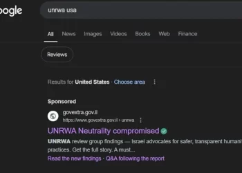 Anuncio pagado por el gobierno que detalla las acusaciones de participación de UNRWA en el terrorismo, después de una búsqueda en Google de “UNRWA USA”, 27 de agosto de 2024. (Captura de pantalla de Google: utilizada de conformidad con la Cláusula 27a de la Ley de Derechos de Autor)