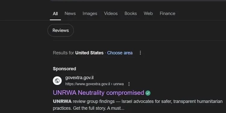 Anuncio pagado por el gobierno que detalla las acusaciones de participación de UNRWA en el terrorismo, después de una búsqueda en Google de “UNRWA USA”, 27 de agosto de 2024. (Captura de pantalla de Google: utilizada de conformidad con la Cláusula 27a de la Ley de Derechos de Autor)