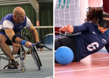 Los abanderados de los Juegos Paralímpicos de Israel 2024, Adam Berdichvehículos eléctricosky (izquierda) y Lihi Ben David. (Lilach Weiss-Rosenberg)