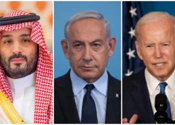 (I) El príncipe heredero saudí Mohammed bin Salman en Yeda, Arabia Saudita, el 19 de mayo de 2023. (Saudi Press Agency via AP); (C) El primer ministro Benjamin Netanyahu en Jerusalén (Alex Kolomoisky/ Pool/ Flash90); (D) El presidente estadounidense Joe Biden el 2 de noviembre de 2022 en Washington, DC. (Michael A. McCoy / GETTY IMAGES NORTH AMERICA / via AFP)