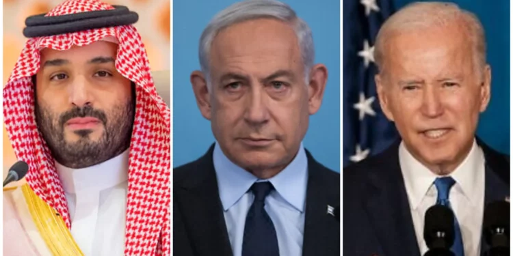 (I) El príncipe heredero saudí Mohammed bin Salman en Yeda, Arabia Saudita, el 19 de mayo de 2023. (Saudi Press Agency via AP); (C) El primer ministro Benjamin Netanyahu en Jerusalén (Alex Kolomoisky/ Pool/ Flash90); (D) El presidente estadounidense Joe Biden el 2 de noviembre de 2022 en Washington, DC. (Michael A. McCoy / GETTY IMAGES NORTH AMERICA / via AFP)