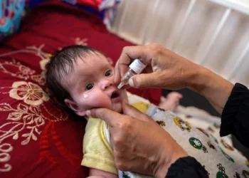 Una enfermera administra gotas de la vacuna contra la polio a un joven paciente palestino en el Hospital Nasser de Khan Younis, en el sur de la Franja de Gaza, el 31 de agosto de 2024. (Jihad Al-Sharafi / AFP)