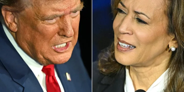 Esta combinación de imágenes, creada el 10 de septiembre de 2024, muestra al expresidente estadounidense y candidato presidencial republicano Donald Trump (izq.) y a la vicepresidenta estadounidense y candidata presidencial demócrata Kamala Harris participando en un debate presidencial en el Centro Nacional de la Constitución en Filadelfia, Pensilvania. (Saul Loeb/AFP)