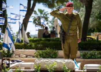 FDI Chief of Staff Lt. Gen. Herzi Halevi salutes at a military grave in an undated photo released by the military for publication on October 27, 2024 (Israel Defense Forces)