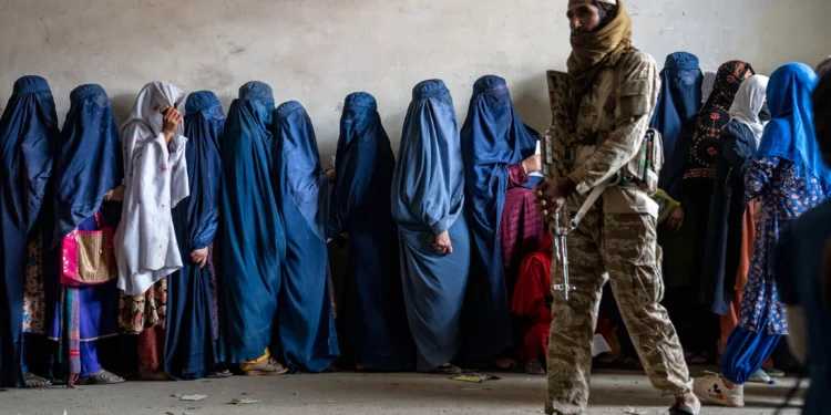 ARCHIVO - Un combatiente talibán hace guardia mientras las mujeres esperan recibir raciones de comida distribuidas por un grupo de ayuda humanitaria, en Kabul, Afganistán, el 23 de mayo de 2023. (Foto AP/Ebrahim Noroozi, Archivo)