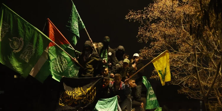 Hombres palestinos ondeando banderas de Hamás (verde) y Hezbolá (amarilla) sentados en la parte superior de un autobús de la Cruz Roja que transporta a terroristas presos liberados de la prisión militar de Ofer en Judea y Samaria son recibidos por una multitud de familiares y amigos en Beitunia, en las afueras de Ramallah, en las primeras horas del 20 de enero de 2025. (Foto de John Wessels / AFP)