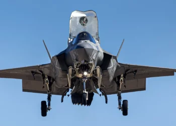 A F-35B from VMFAT-502 hovering, clearly showing the jet’s ability to take off and land from very short runways. (Image credit: Kai Martin)