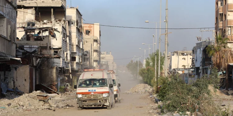 Ambulancias transportan a palestinos heridos desde el hospital Kamal Adwan del norte de Gaza, en Beit Lahia, al hospital Shifa en la ciudad de Gaza, el 28 de diciembre de 2024. (Omar Al-Qattaa / AFP)