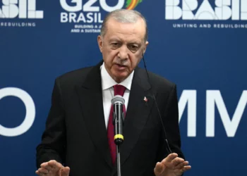 El presidente de Turquía, Recep Tayyip Erdogan, ofrece una conferencia de prensa durante la reunión de líderes del G20 en Río de Janeiro, Brasil, el 19 de noviembre de 2024. (Luis Robayo/AFP)