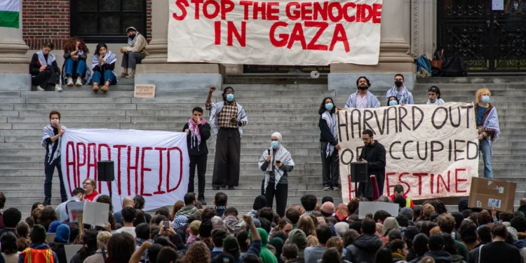 Partidarios pro palestinos y antiisraelíes se reúnen en una manifestación en la Universidad de Harvard en Cambridge, Massachusetts, el 14 de octubre de 2023. (Joseph Prezioso/AFP)