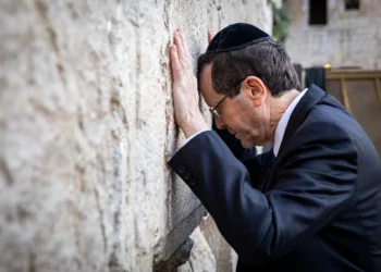 El presidente de Israel, Isaac Herzog, reza por la liberación segura de los israelíes retenidos como rehenes en la Franja de Gaza en el Muro Occidental de la Ciudad Vieja de Jerusalén el 19 de enero de 2025. (Noam Revkin Fenton/Flash90)