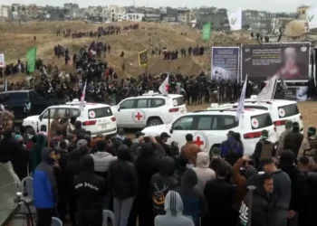 Los vehículos de la Cruz Roja parten tras recibir ataúdes que aparentemente contenían los cuerpos de cuatro rehenes israelíes, Shiri Bibas y sus dos hijos pequeños Kfir y Ariel, y Oded Lifshitz, en Jan Yunis, sur de la Franja de Gaza, el 20 de febrero de 2025 (Captura de pantalla/YouTube)