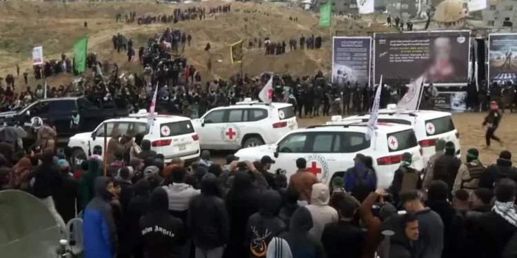 Los vehículos de la Cruz Roja parten tras recibir ataúdes que aparentemente contenían los cuerpos de cuatro rehenes israelíes, Shiri Bibas y sus dos hijos pequeños Kfir y Ariel, y Oded Lifshitz, en Jan Yunis, sur de la Franja de Gaza, el 20 de febrero de 2025 (Captura de pantalla/YouTube)