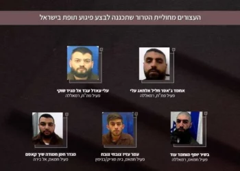 Miembros de una supuesta célula terrorista que, según el Shin Bet, habría sido detenida el 6 de febrero de 2025 por un complot para bombardear un autobús de Jerusalén a finales de 2024: (fila superior de izquierda a derecha): Ahmad Jassar Ali, Mundhir Sheikh Qassem; (fila inferior de izquierda a derecha), Bashir Awad, Omar Subah y Ali Shweiki (Shin Bet)