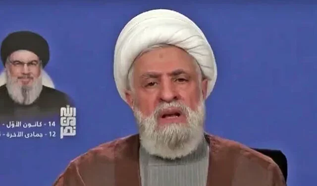 El secretario general de Hezbolá, Naim Qassem, pronuncia un discurso televisado el 14 de diciembre de 2024. (Captura de pantalla de Press TV: utilizada de conformidad con la cláusula 27a de la Ley de Derechos de Autor)