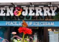 Una mariposa monarca se posa sobre una flor afuera de la heladería Ben & Jerry's, en Burlington, Vermont, el 20 de julio de 2021. (Foto AP/Charles Krupa)