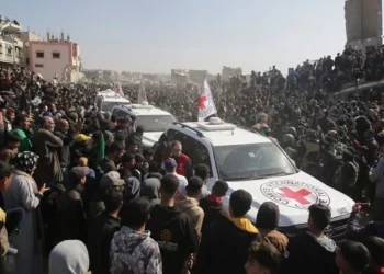 Una multitud rodea los vehículos de la Cruz Roja a su llegada al lugar de la entrega de rehenes tailandeses e israelíes en Jan Yunis, en el sur de la Franja de Gaza, el jueves 30 de enero de 2025. (AP/Jehad Alshrafi)