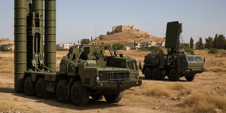 Por favor, podrías generar una imagen hiperrealista y convincente en términos de textura, colores, pero también de contexto de la escena, de un sistema antiaéreo S-400 desplegada en una zona característica para estos despliegues en Siria.