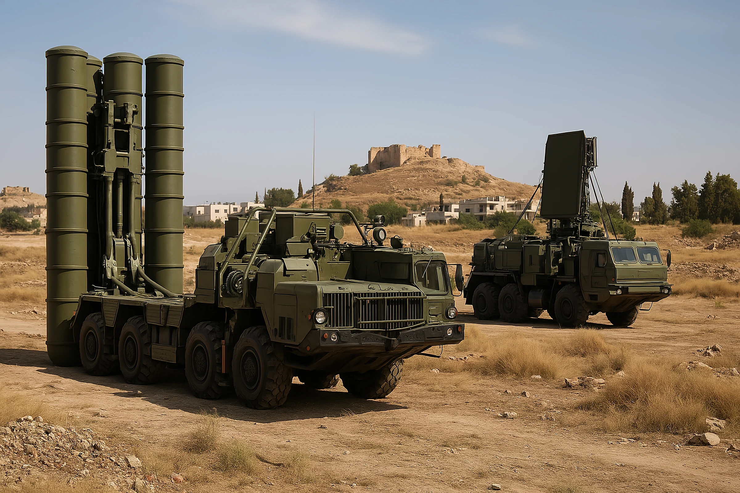 Por favor, podrías generar una imagen hiperrealista y convincente en términos de textura, colores, pero también de contexto de la escena, de un sistema antiaéreo S-400 desplegada en una zona característica para estos despliegues en Siria.