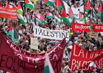 Personas portan pancartas y banderas palestinas durante una manifestación contra la participación israelí en Eurovisión, antes de la segunda semifinal del Festival de la Canción de Eurovisión en Malmö, Suecia, el jueves 9 de mayo de 2024. (Foto AP/Martin Meissner)