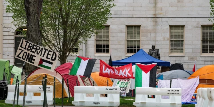 Tiendas de campaña y carteles llenan Harvard Yard junto a la estatua de John Harvard en el campamento propalestino y antiisraelí de la Universidad de Harvard en Cambridge, Massachusetts, el 5 de mayo de 2024. (Joseph Prezioso / AFP)