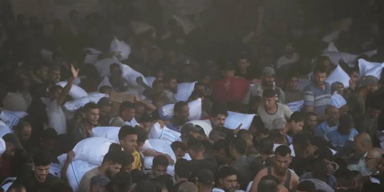 Palestinos cargan sacos de harina tras asaltar un almacén del Programa Mundial de Alimentos de la ONU en Zawaida, en el centro de la Franja de Gaza, el miércoles 28 de mayo de 2025. (Foto AP/Abdel Kareem Hana)