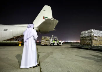 Imagen ilustrativa: La ayuda humanitaria proporcionada por las Naciones Unidas se carga en un avión de transporte militar turbohélice C-130H-30 Hércules de la Fuerza Aérea de los Emiratos Árabes Unidos en el Aeropuerto Internacional de Dubái antes de partir hacia El Cairo, Egipto, el 19 de octubre de 2023. (Giuseppe CACACE / AFP)
