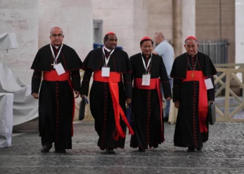 De izquierda a derecha, los cardenales Fernando Natalio Chomalí Garib, Anthony Poola, Charles Maung Bo y Francis Xavier Kriengsak Kovithavanij salen del Vaticano el sábado 3 de mayo de 2025, tras asistir a una sesión de la Congregación general de Cardenales en el Aula Nueva del Sínodo, donde se preparan para el cónclave que comenzará el 7 de mayo y elegirá al 267.º pontífice romano. (Foto AP/Andrew Medichini)