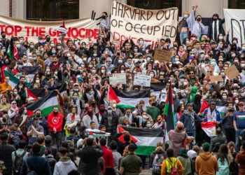Manifestantes pro-palestinos y anti-Israel se reunieron en la Universidad de Harvard para mostrar su apoyo a los palestinos de Gaza en una manifestación en Cambridge, Massachusetts, el 14 de octubre de 2023, una semana después de que terroristas de Hamás perpetraran una masacre en el sur de Israel. (Joseph Prezioso / AFP)