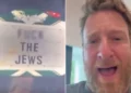 Dave Portnoy (derecha), fundador de Barstool Sports, se enfurece en un video publicado en línea en respuesta a un cartel de “Que se jodan los judíos” (izquierda) exhibido en un bar de su propiedad en Filadelfia, el 4 de mayo de 2025. (Capturas de pantalla vía X)